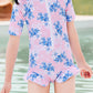 Kids Girls Beautiful Floral Pattern Short Sleeve Easy Round Neck Zipper Closure Summer Pool Swimwear - KGSW111790