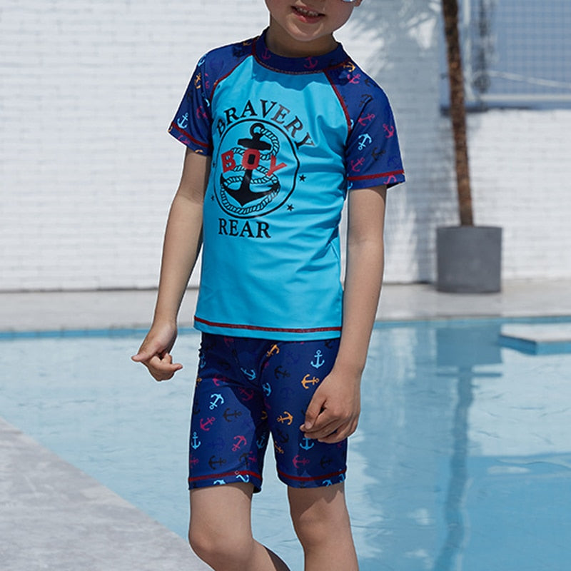 Kids Boy Swimwear 2pcs With Cap Short Sleeve Bodysuit