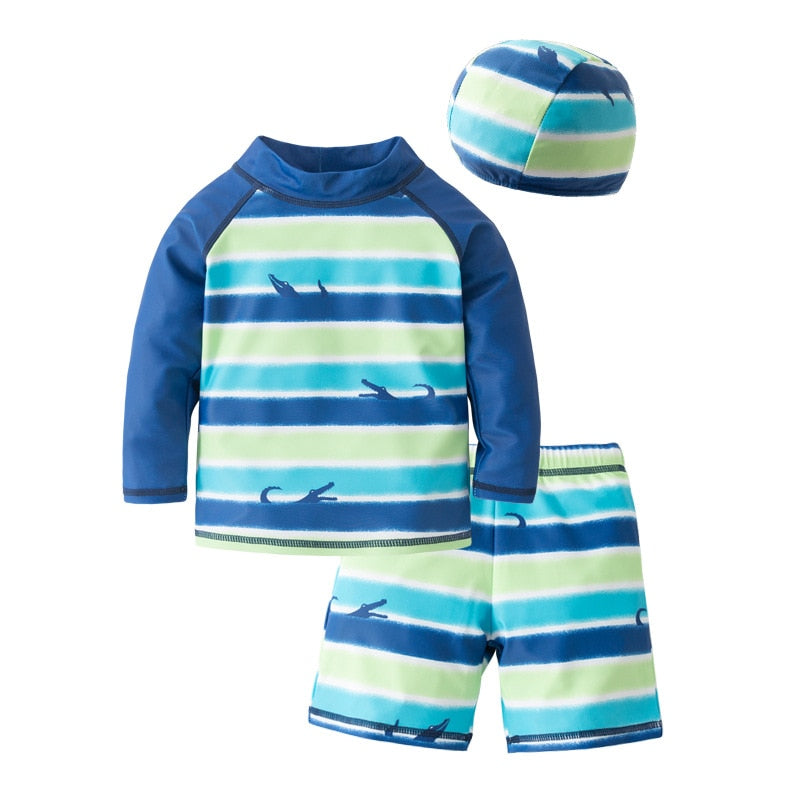Kids Boys Swimwear Shark Crab Striped Kids Bathing Suit Short Long Sleeve Swimsuit
