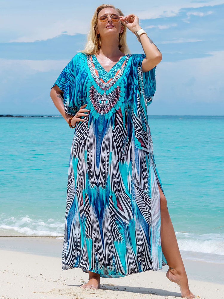 Women Plus Size Print Kaftan Maxi Dress V Neck Slit Loose Robe Summer Beachwear Cover-ups