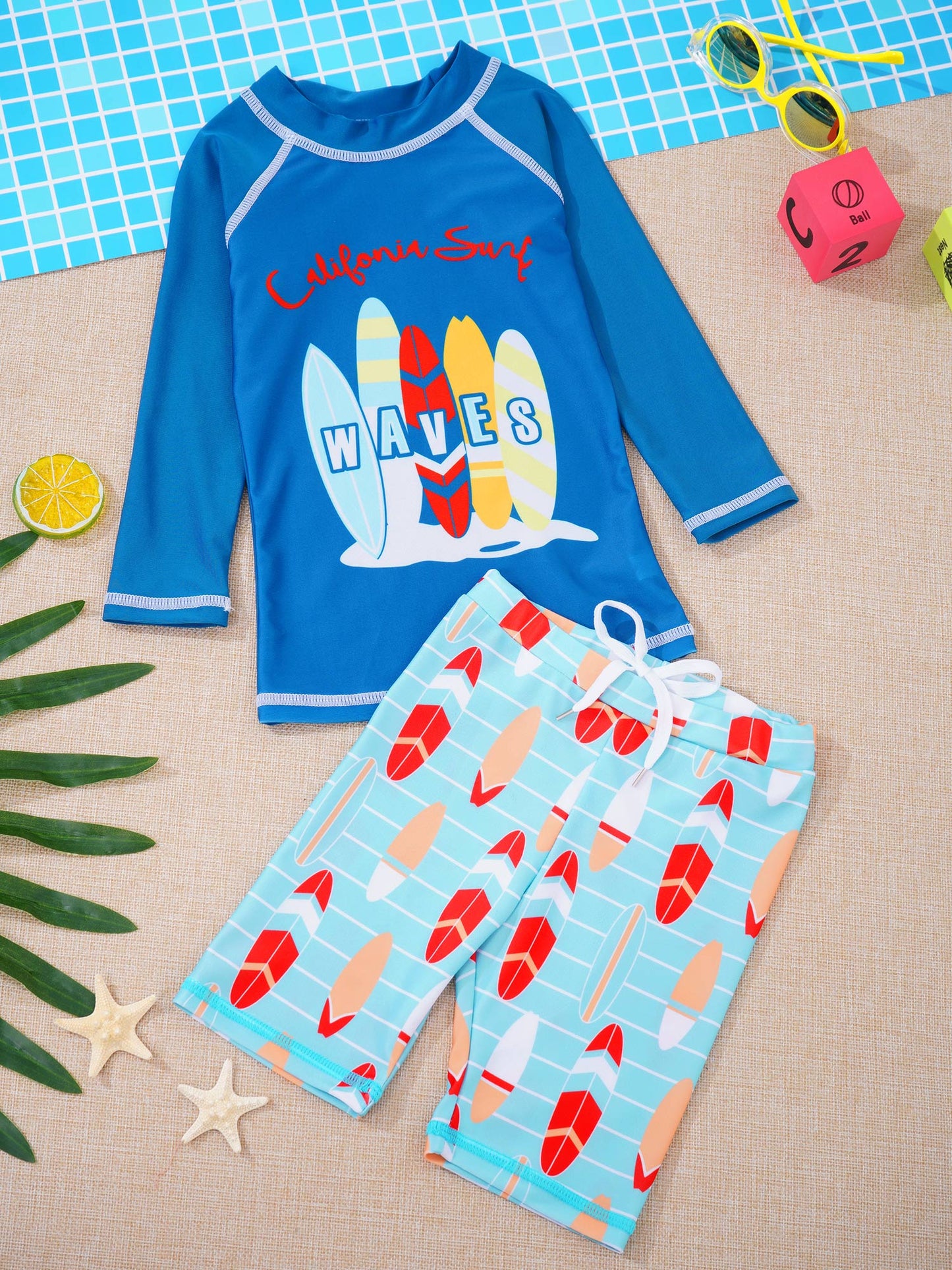 Kids Boys Summer Rashguard Swimwear Long Sleeve Tops Shorts Cartoon Print Swimming Suit