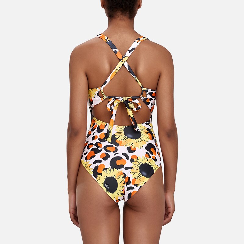 Women's One Piece Swimsuit Scoop Neck Leopard Flower Swimwear