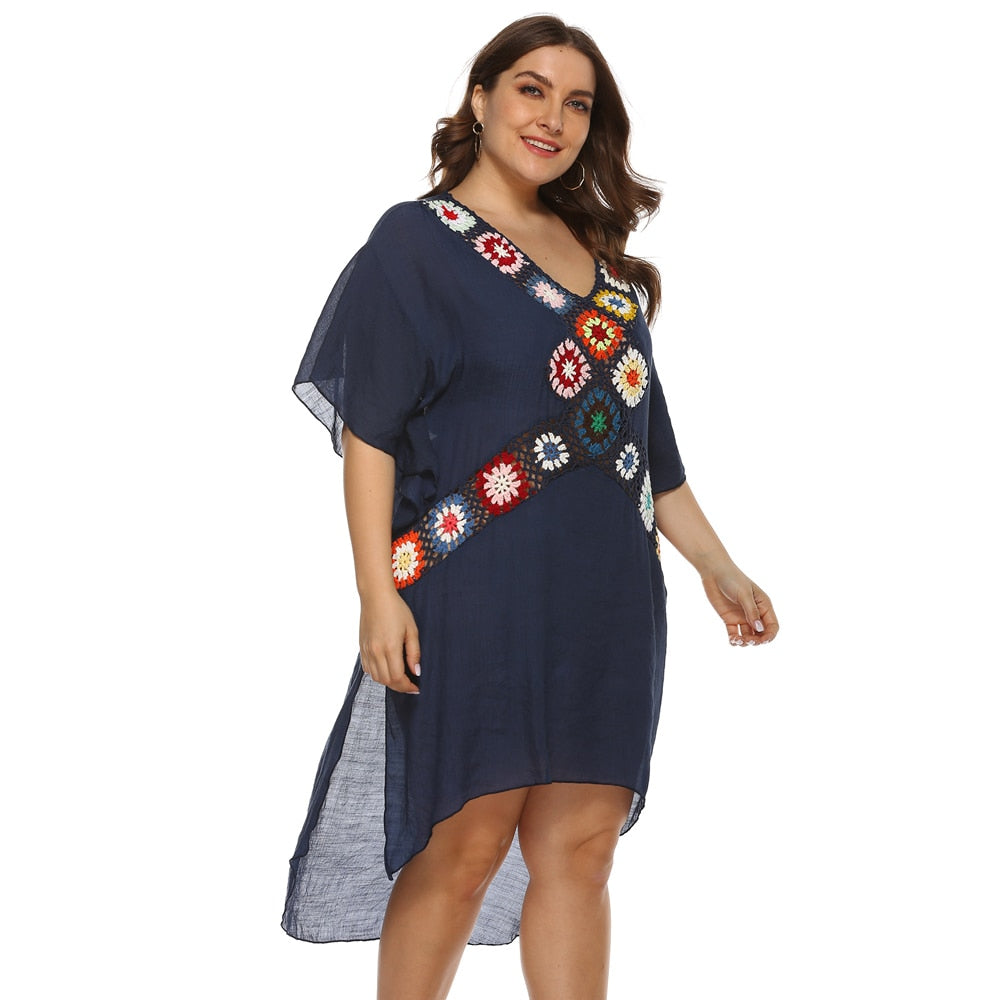 New Women Plus size Beach Dress Cover Up Large big Blue Solid Swimsuit