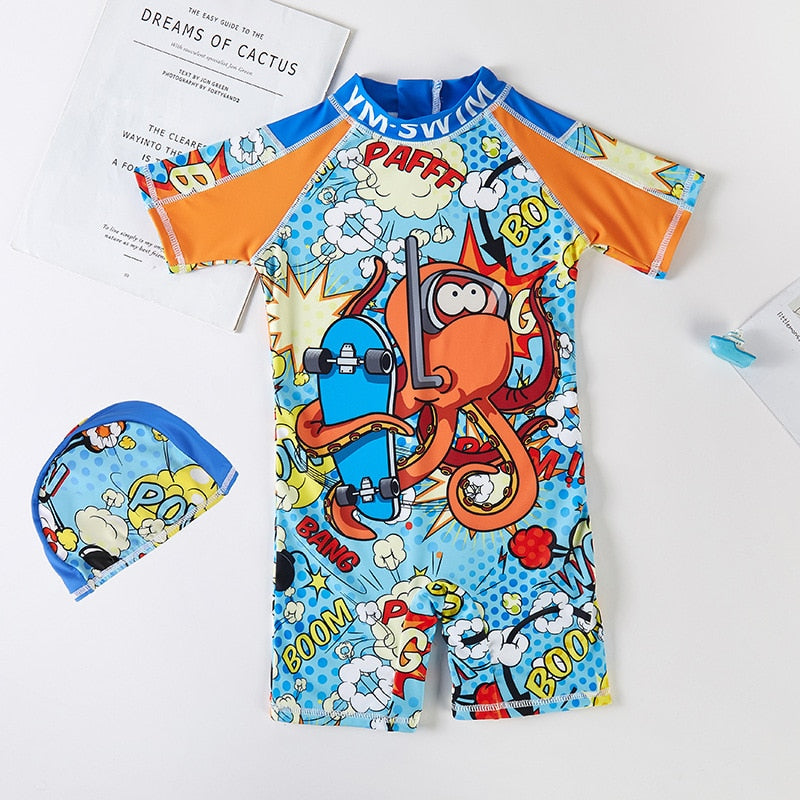 Kids Boys One-Piece Bathing Suit with Sun Cap Protection Long Sleeve Dinosaur Children's Swimwear
