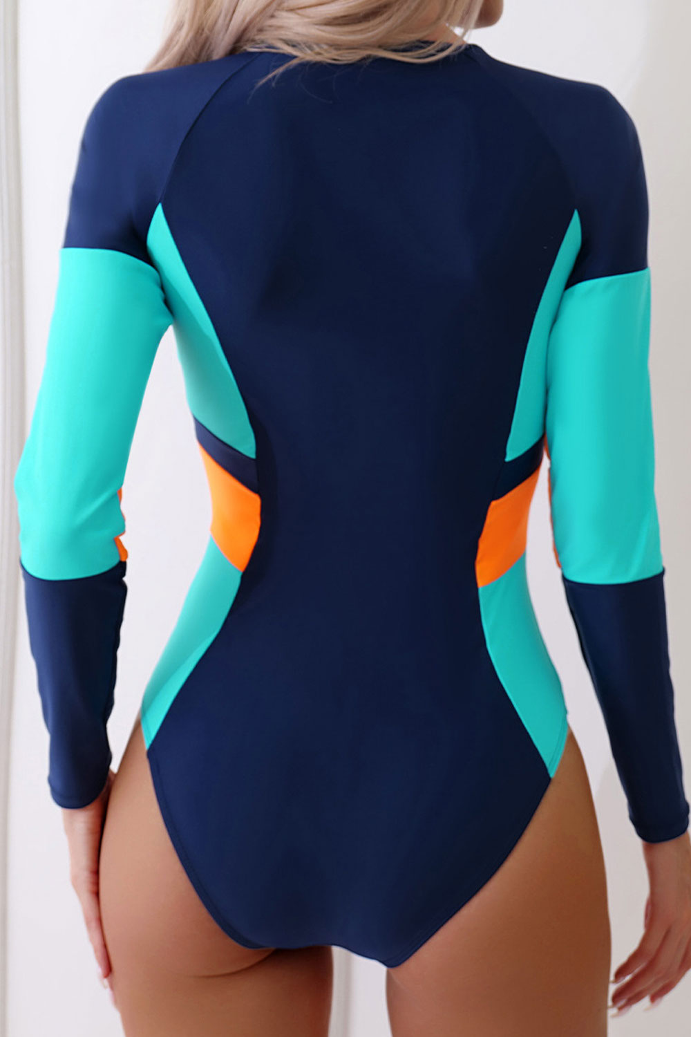 new long-sleeved one-piece swimsuit with contrasting color stitching zipper sexy women's swimwear
