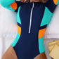 new long-sleeved one-piece swimsuit with contrasting color stitching zipper sexy women's swimwear
