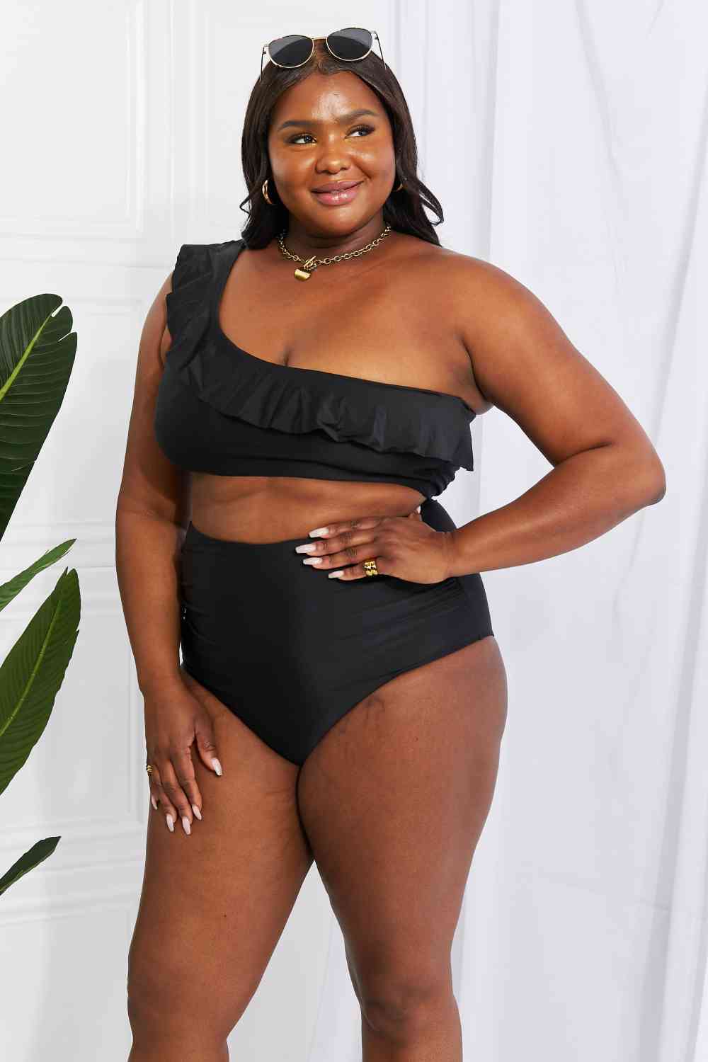 Women's Marina West Swim Seaside Romance Ruffle One-Shoulder Bikini in Black