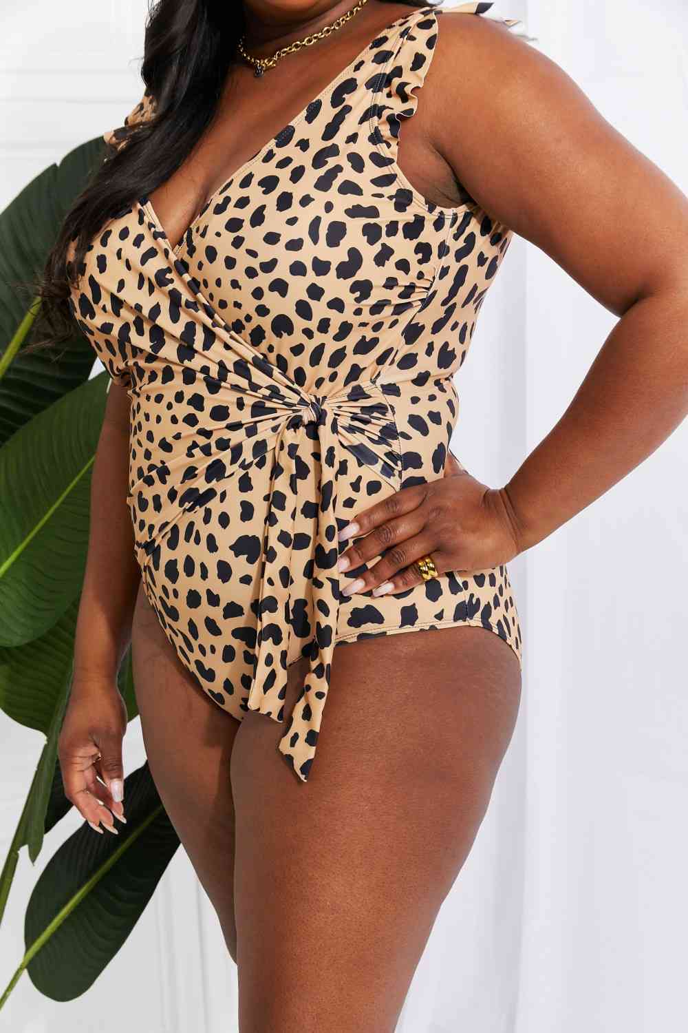 Women's Marina West Swim Full Size Float On Ruffle Faux Wrap One-Piece in Leopard