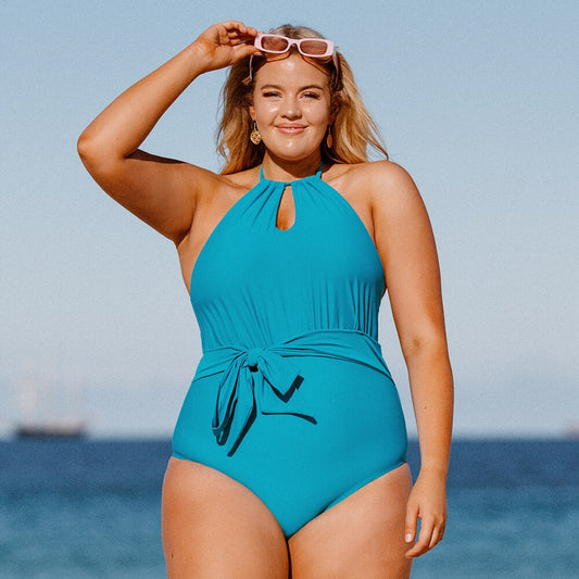 Women Plus Size Belted Halter One Piece Swimsuit For Women
