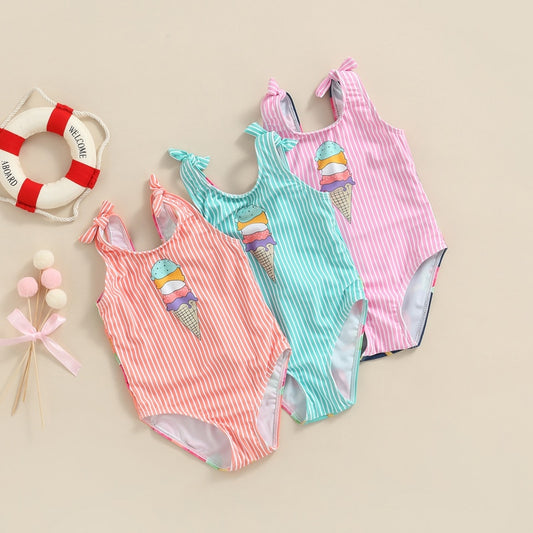 Baby & Toddler Girl Swimsuit Cute Stripe Pattern Ice Cream Printed Sleeveless Bodysuit