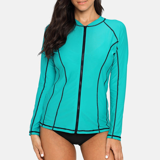 Women Long Sleeve Front Zipper Rashguard Top Running Shirt Swimwear Swimsuit.