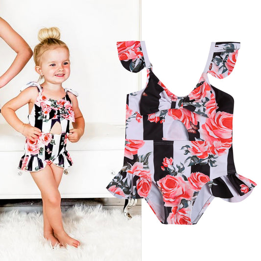 Baby & Toddler Girl One Piece Swimsuit Striped Floral Swimwear Sleeveless Ruffles Strap Bodysuit