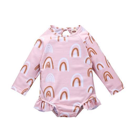 Kids Girl Baby Long Sleeve Swimsuit Fashion Rainbow Print Round Neck Swimwear Sweet Baby Bathing Suit Beachwear 0-3Y