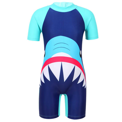 Kids Boys Swimsuit One-piece Mock Neck Short Sleeves  Zipper Cartoon Dinosaur Shark Print Short Swim Suit