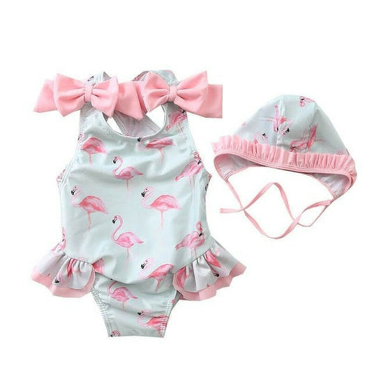 Kids Baby Girls Swimsuit with Hat Flamingo Beachwear Sweet Children Girl Bowknot Swimwear Sets 1-6Y