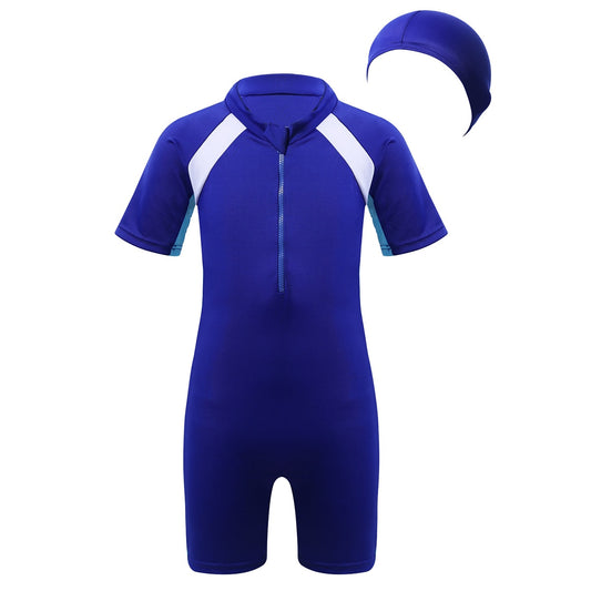 Kids Boys Girls Swimsuit One-piece Short Sleeves Zippered Swimwear Rash Guard Bodysuit with Swimming Cap