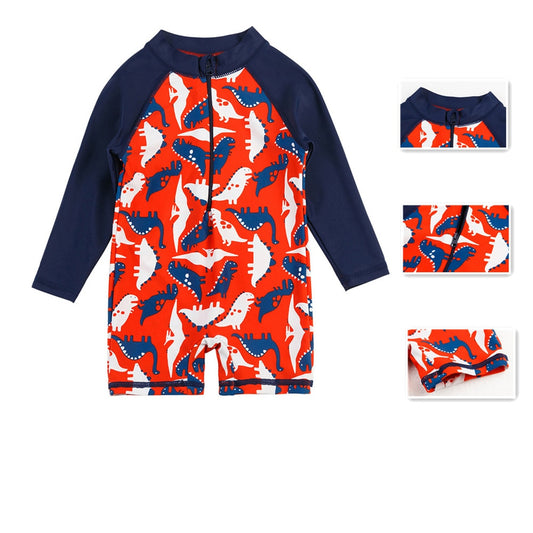 Baby Boys' Swimming Suits One Piece Swimwear Kids' Dinosaur Printed Long Sleeves Sun Protection Sunsuit