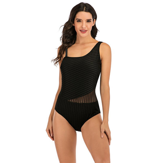 Women Black Mesh One Piece Chest Pad One Shoulder Swimming Suit For Women