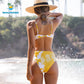 Women Yellow Leaf Print V Front Bikini Set Tank Swimsuit Two Pieces Swimwear For Women