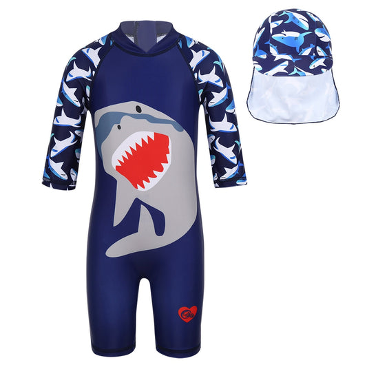 Kids Boys Swimsuits One-piece Surfing Swimwear Shark Pattern Printed Zipper Rash Guard with Swimming Cap