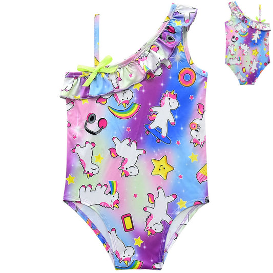 Kids Girls One-shoulder Ruffle Swimwear with Unicorn Print One Piece Swim Suit