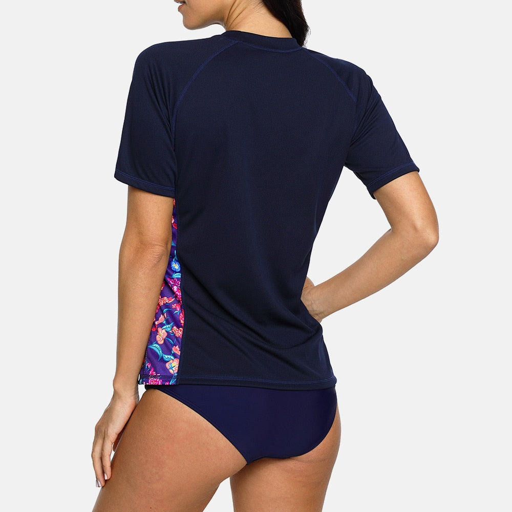 Womne Short Sleeve Rashguard Quick-drying Shirt Floral Print Swimwear