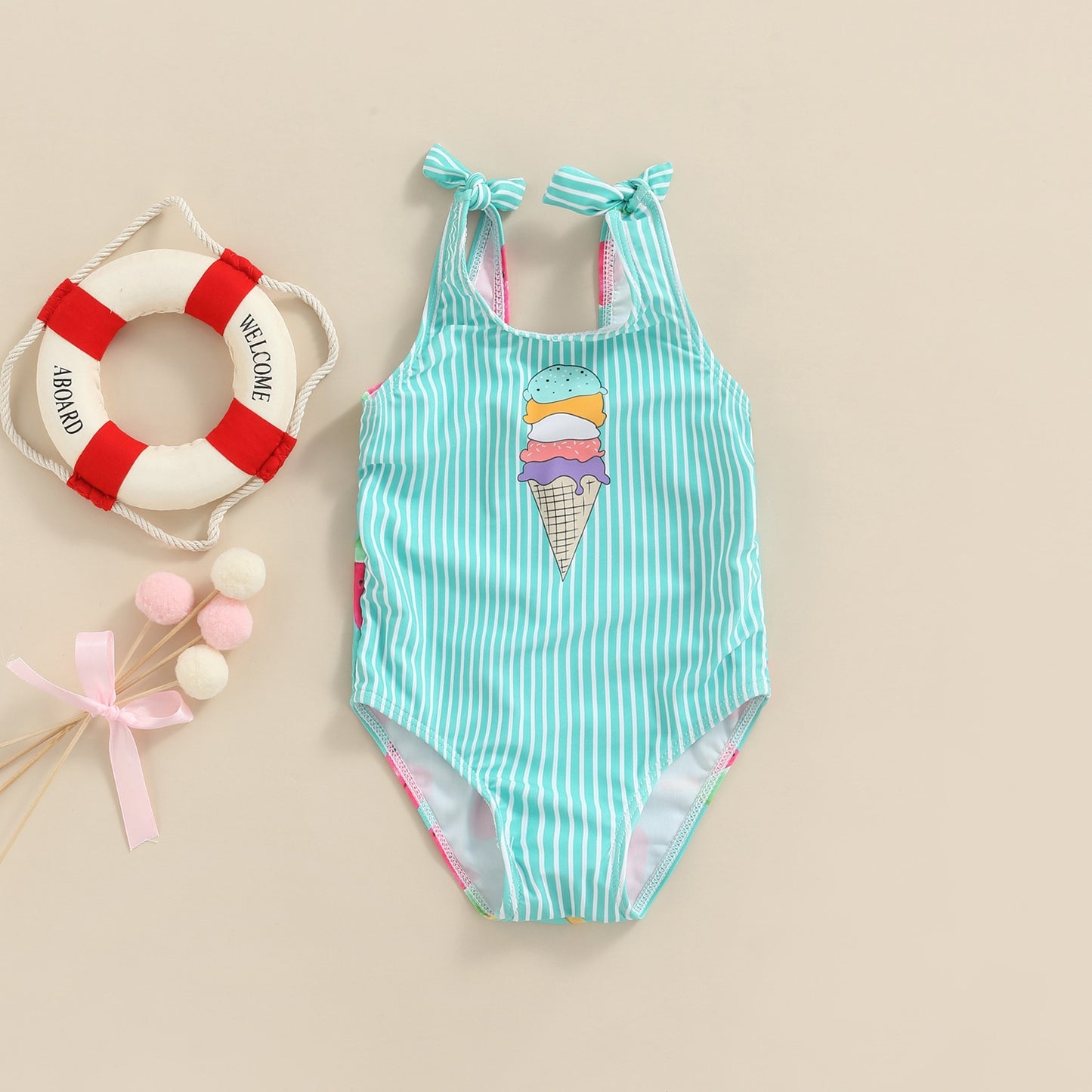 Baby & Toddler Girl Swimsuit Cute Stripe Pattern Ice Cream Printed Sleeveless Bodysuit