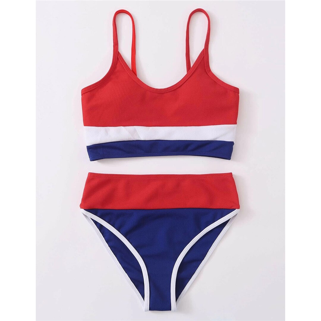 Women Ribbed Splicing Female Swimsuit High Waist Bikini Women Swimwear Two-pieces Bikini set Bather Bathing Suit