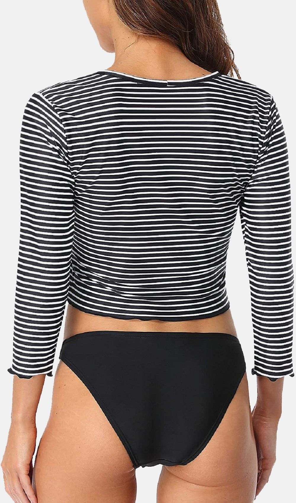 Women's Rash Guard Two Piece Swimsuits Long Sleeve Striped Swim Shirts Bikini Bottom.