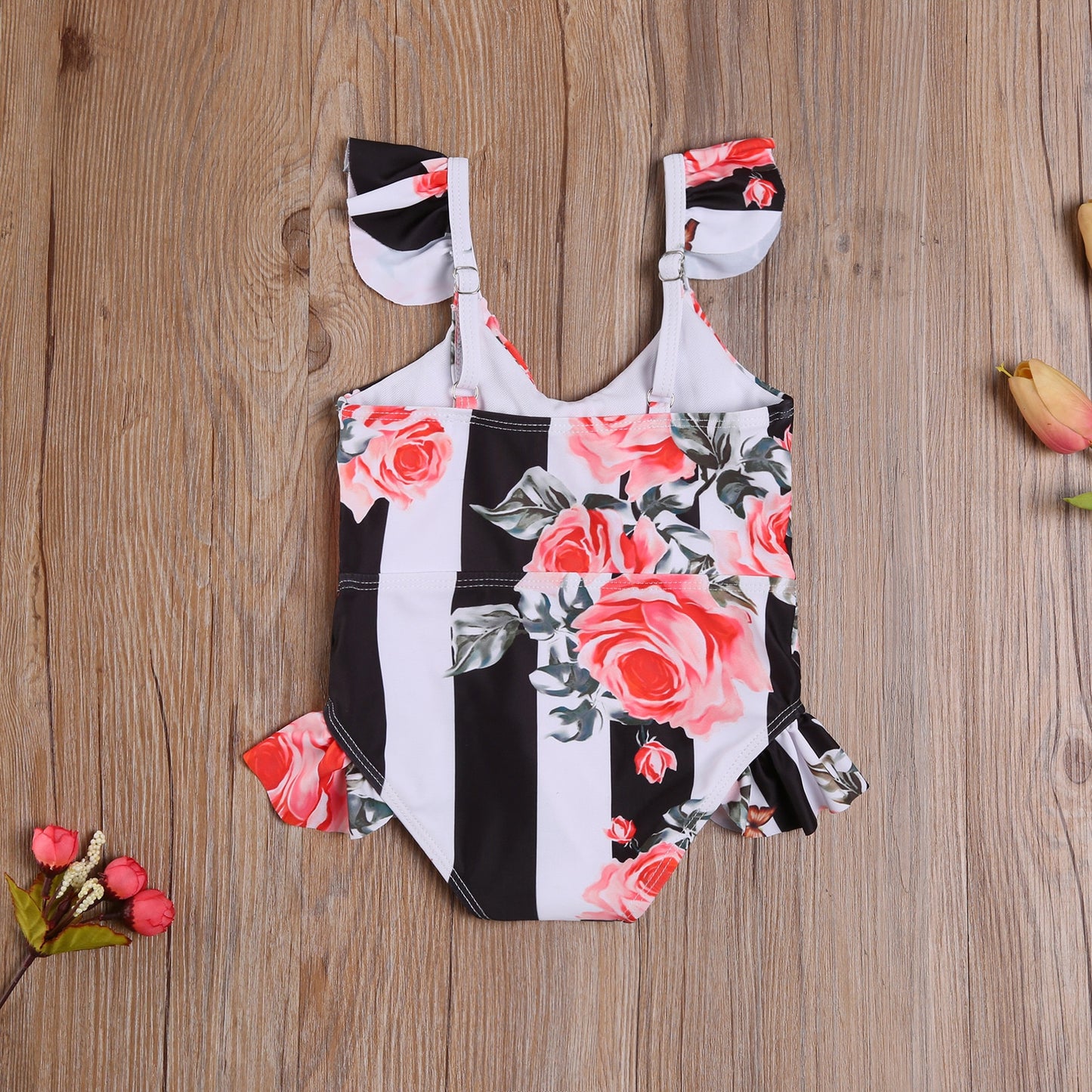 Baby & Toddler Girl One Piece Swimsuit Striped Floral Swimwear Sleeveless Ruffles Strap Bodysuit