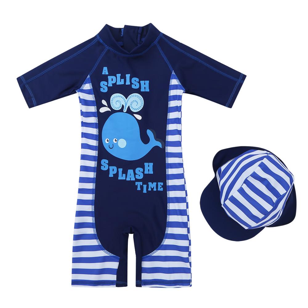 Kids Boys One Piece Swimming Suit with Cap Shark/Whale Printed Swim Bodysuit Swimwear