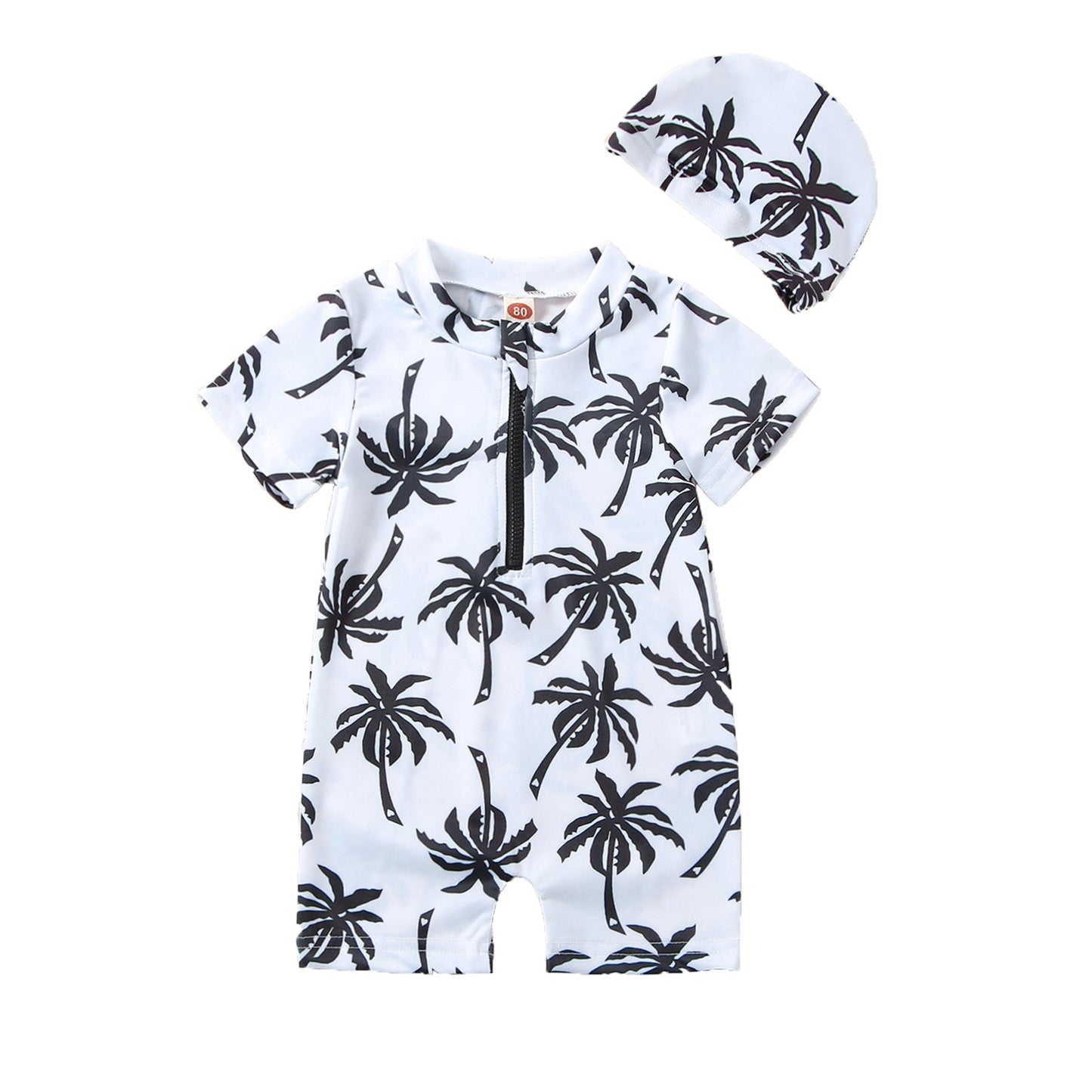 Toddler Boy Swimsuit with Swimming Hat Cartoon Tree Print Short Sleeve Round Neck Half Zipper Swimsuit For Boys