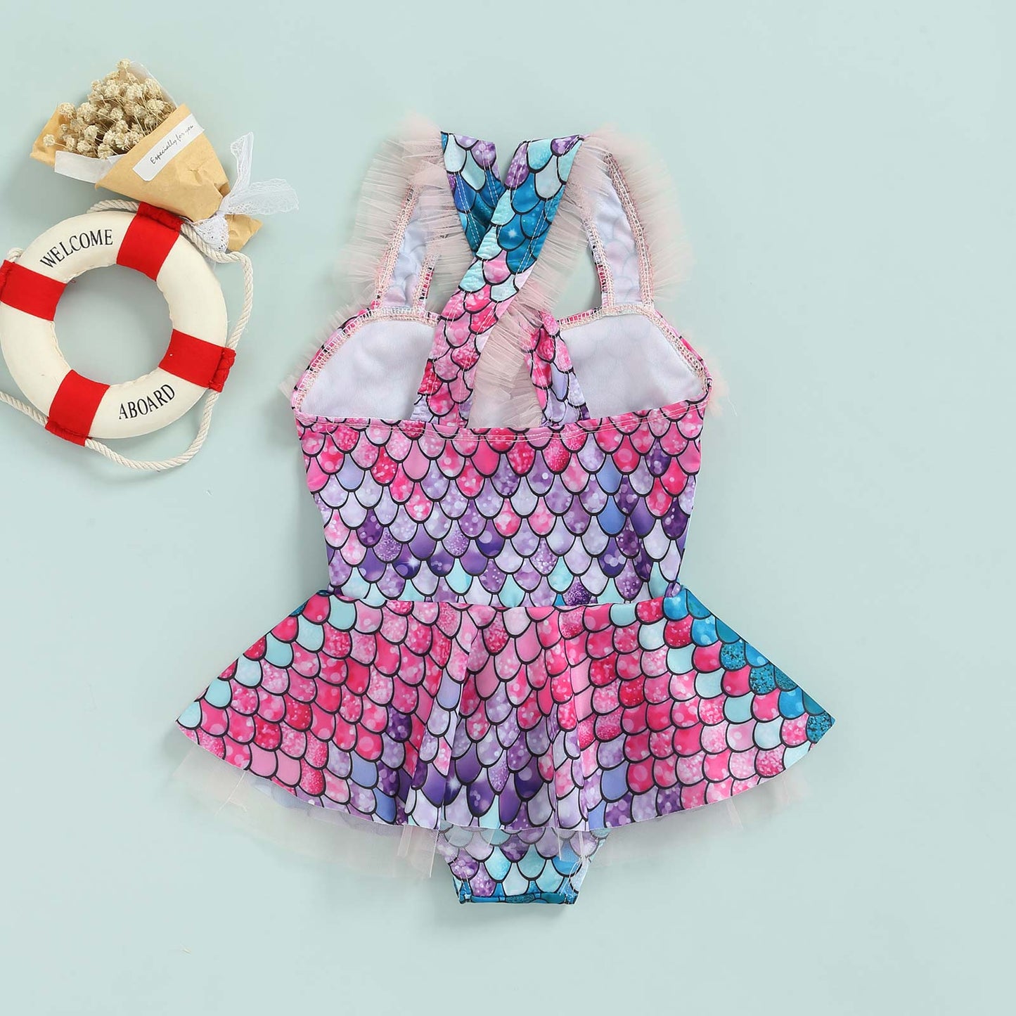 2-7Y Kids Baby Girls Mermaid Scale Print Swimsuit Fashion Sleeveless Mesh Frill Strappy Bathing Suit Cute Girl Skirt Beachwear