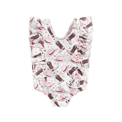 Infant Baby Girl Swimsuit Cute Cartoon Boots Hat Print Ruffle Sleeveless Round Neck Bodysuit