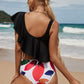 Women Bikini Solid Top Print Bottom Mid Waist Bikini Set Two Pieces Beachwear Swimwear