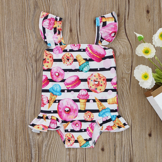 Girls Swimwear Baby Beachwear Summer Donut Print Ruffle Swimsuits
