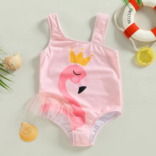 Baby Girls Bikini Summer Cute Flamingo Print Sleeveless Tulle Patchwork Straps Swimsuit Girls Swimwear for 2-7Y