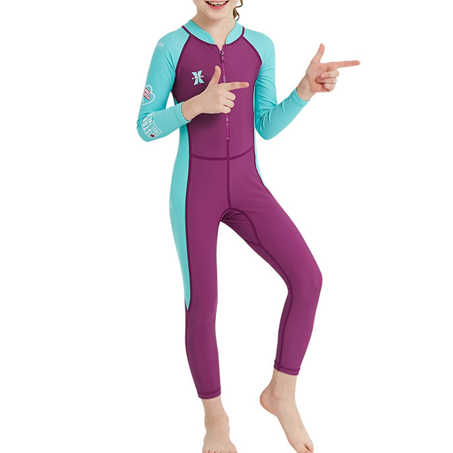 Kids Girls and Boys One Piece Mock Neck Long Sleeves Colorblock Long Swimwear