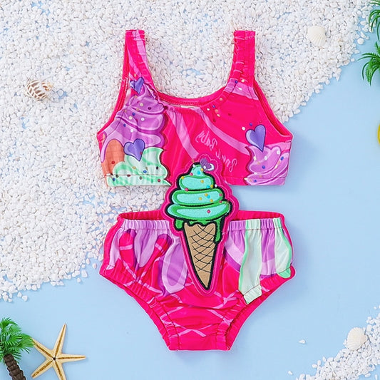 Girls Summer Swimsuits Ice Cream Printed Sleeveless Cut Out Beachwear