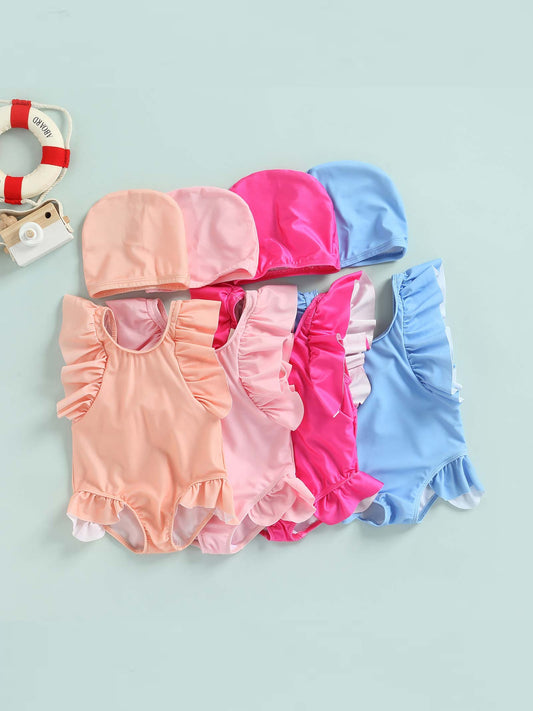 Kids Baby Girls Bathing Suit Ruffle Sleeve Crew Neck Bodysuit Back Big Bow Swimwear with Swim Cap Children Beach Wear 1-6Y