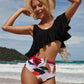Women Bikini Solid Top Print Bottom Mid Waist Bikini Set Two Pieces Beachwear Swimwear