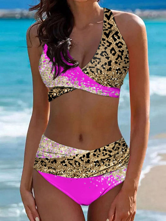 Women Leopard Glitter Hollow Out Halter Bikini Set for Women