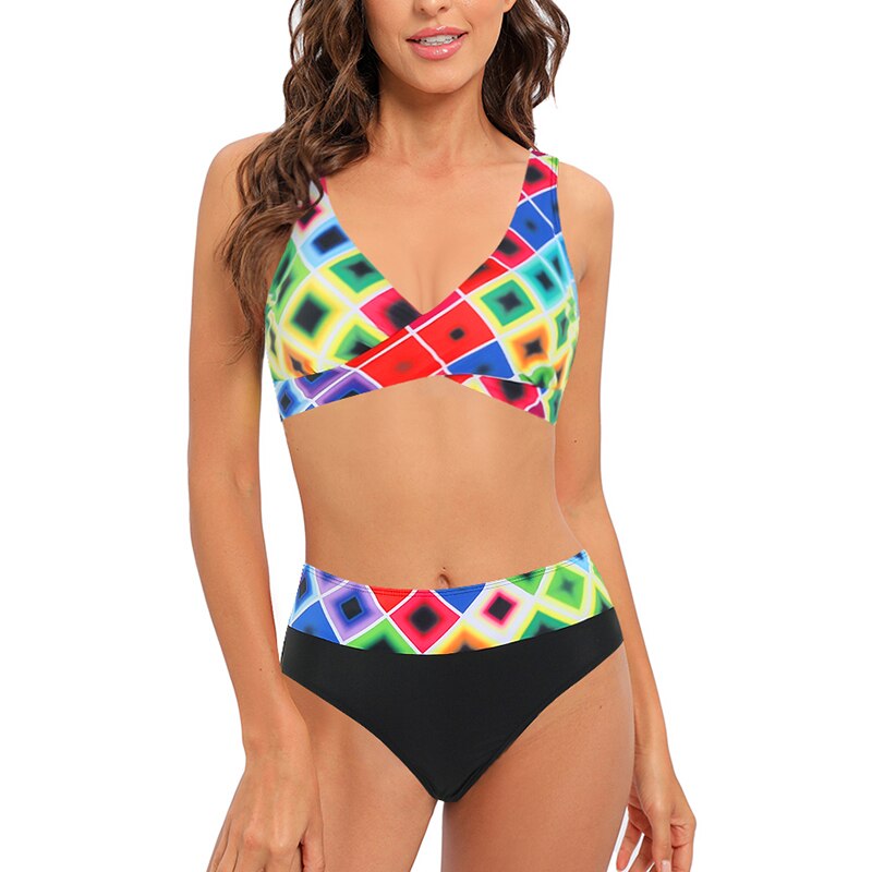 Women's Two Piece Halter Swimsuit Athletic Push Up Twist Bikini Set Swimwear With Boyshorts Trunks Sporty V Neck Bathing Suit