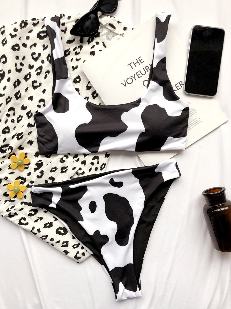 Women Cow Print Bikini Set Cut Out Push Up High Waist Swimsuit Brazilian Beach Bathing Suit Designer 2 Piece Swimwear