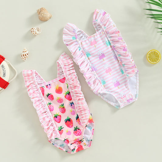 Baby Toddler Girl Swimsuit Ruffle Sleeveless Square Neck Summer Bathing Suit Strawberry/Ice Cream Print Beachwear