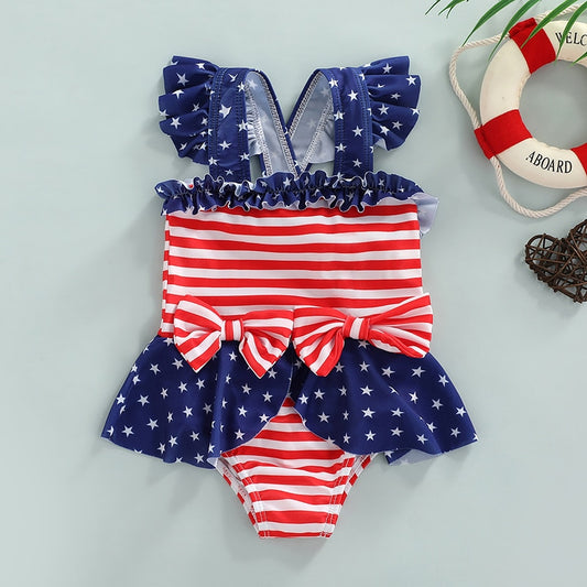 Kids Girls Summer Swimwear Striped Star Print Swimsuit