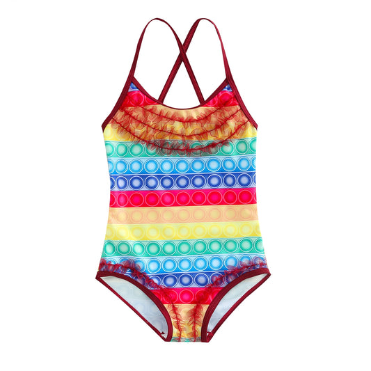 1-6Years Kids Baby Girl Swimwear Colorful Print Ruffle Tulle Mesh Swimsuits Summer Children Beachwear Straps Bathing Suit