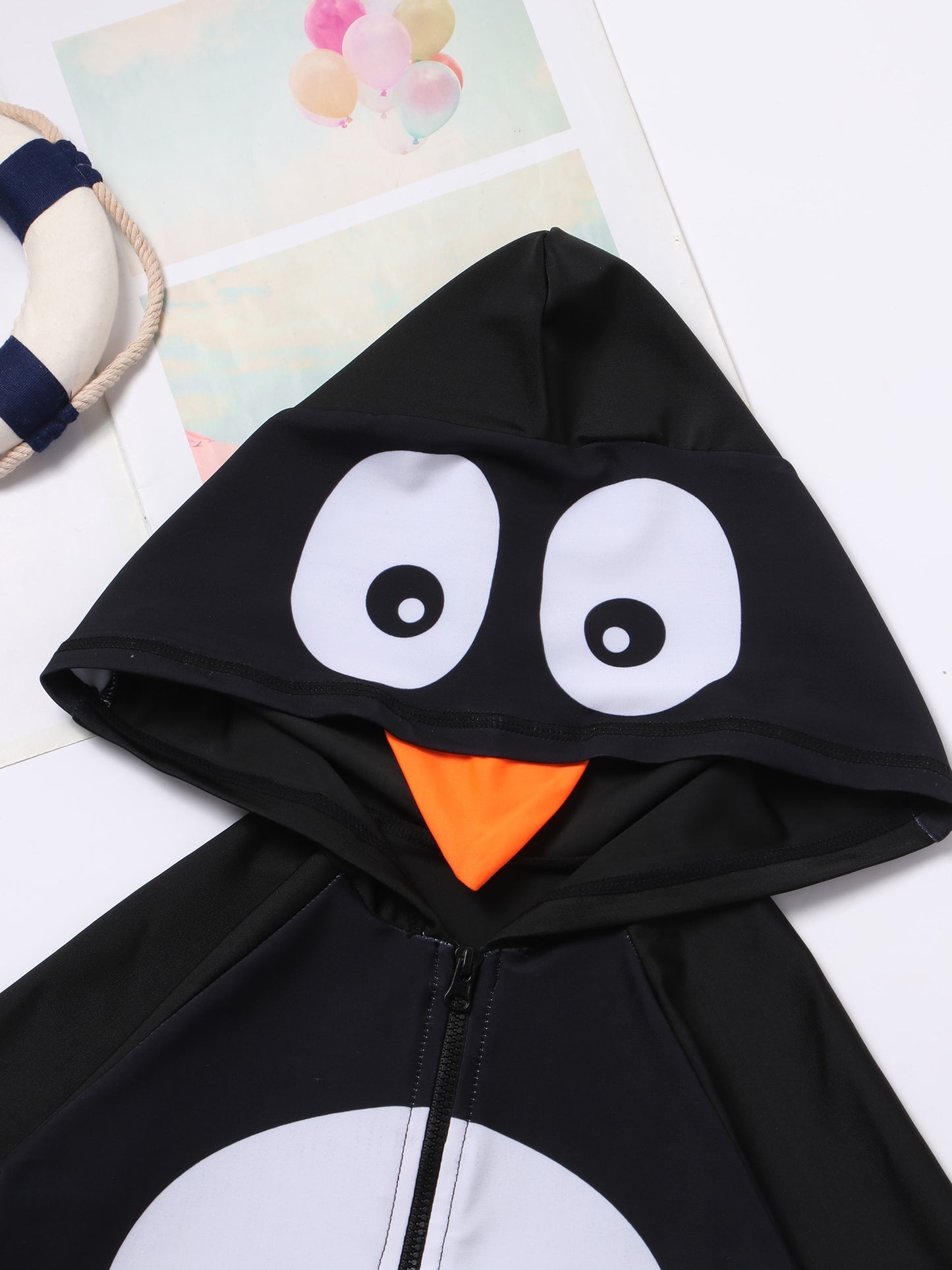 Kids Girls and Boys Swimsuit Hooded Long Sleeves Zipper Closure Penguin Pattern Swimming Swimwear