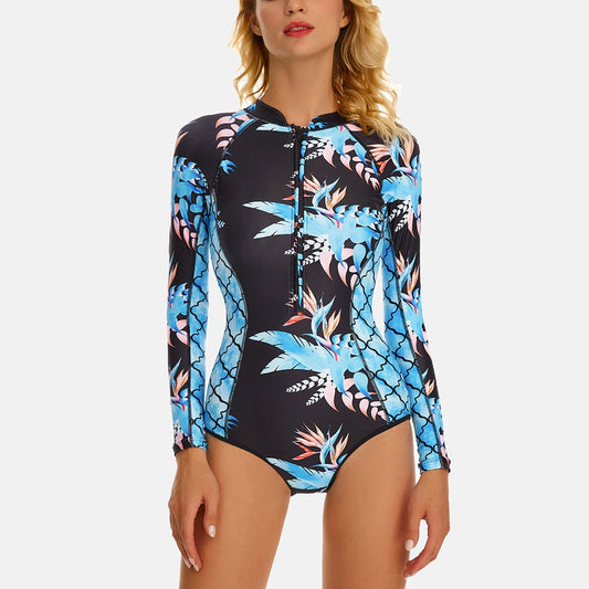 Women's One Piece Long Sleeve Rash Guard Front Zipper Surf Wear Print Swimsuit
