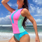 Women Colorful Patchwork high neck bikinis & swimsuit sleeveless zipper short top swimsuit beachwear swimwear
